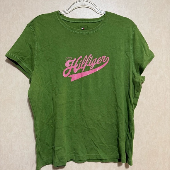 Vintage Tommy Hilfiger Green Pink Glitter Cotton T Shirt - Picture 1 of 5